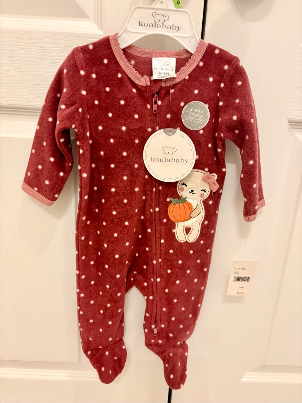 Koala Kids Dusty Red Polka Dot Footed One-Piece with Pumpkin Bear Applique